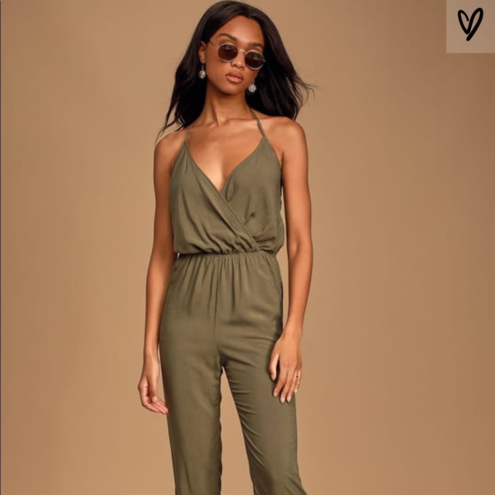Lulu’s Learning to Fly Olive Green Halter Jumpsuit